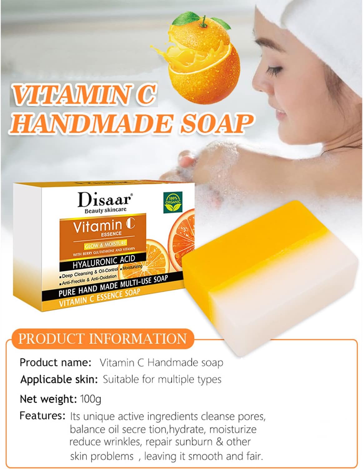 DISAAR BEAUTY Vitamin C Essence Soap Moisturizing Hyaluronic Acid Deep Cleansing Oil Control Anti-Freckle 100g/3.5fl.oz